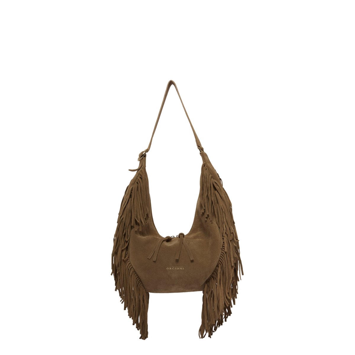 Orciani Isola Peach Fringe Small Borsa a Spalla in Suede Biscotto