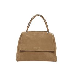 Orciani Sveva Peach Flowers Midi Borsa a Spalla in Suede Biscotto